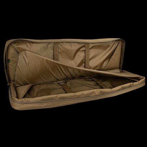 The Condor 36 Double Rifle Case, a spacious brown tactical soft case with multiple compartments and straps, is shown open and unzipped on a white background.